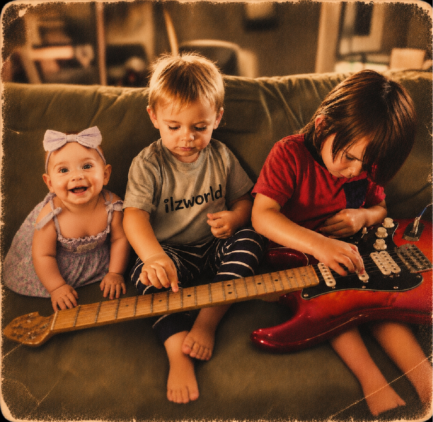 Three children gathered around a red electric guitar on the ilzworld album cover